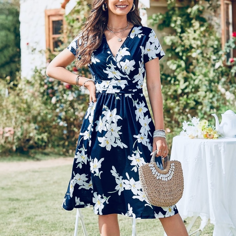 Floral Summer Short Sleeve V-Neck Floral Short Dress with Pockets S